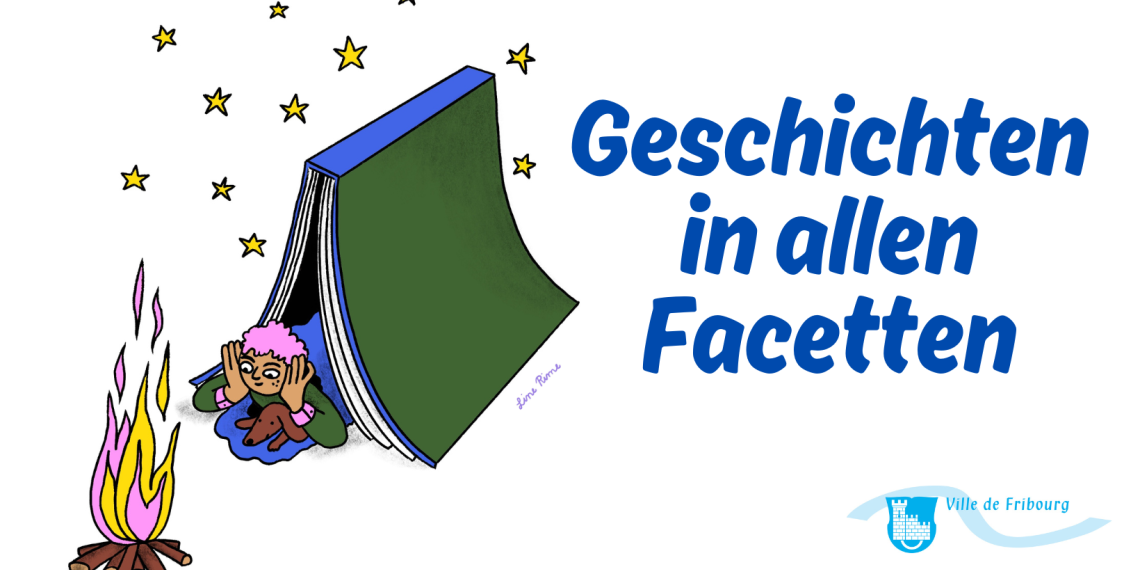 Titelbild des Kulturprogramms, ein Kind liegt in einem Zelt in Buchform, es schaut in ein rosa und gelbes Feuer vor ihm und am Himmel sind Sterne zu sehen.  