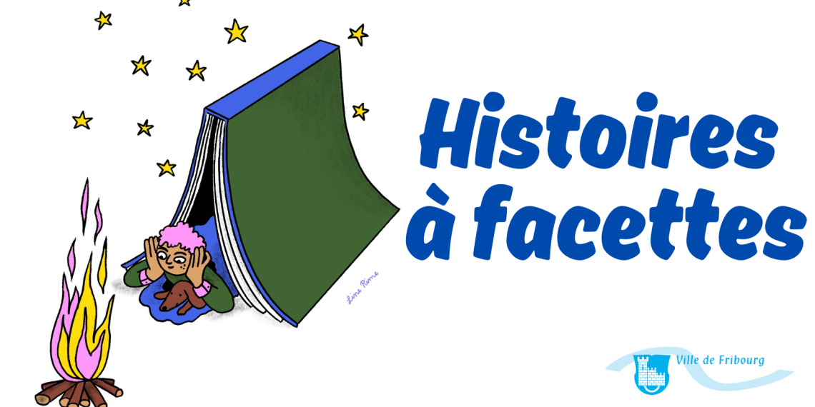 Image de titre du programme culturel, un enfant est couchée sous une tente en forme de livre, il regarde un feu rose et jaune devant lui et il y a des étoiles dans le ciel. 