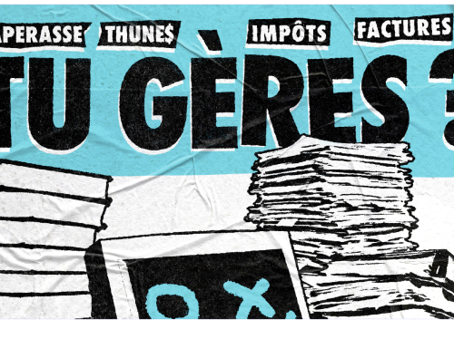 "Tu gères?" écrit en noir sur fond bleu