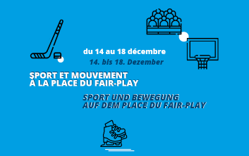 affiche bleu écrit sport et mouvement à la place du fair-play avec pictogrammes de hockey, patins à glace et panier de basket