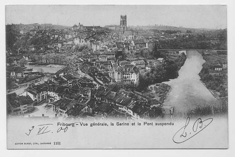 Vue de Fribourg depuis le pont du Gottéron (1906).