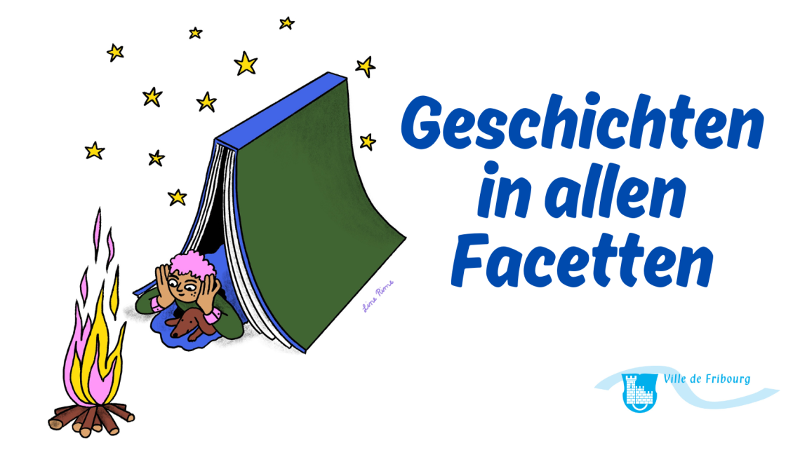 Titelbild des Kulturprogramms, ein Kind liegt in einem Zelt in Buchform, es schaut in ein rosa und gelbes Feuer vor ihm und am Himmel sind Sterne zu sehen.  